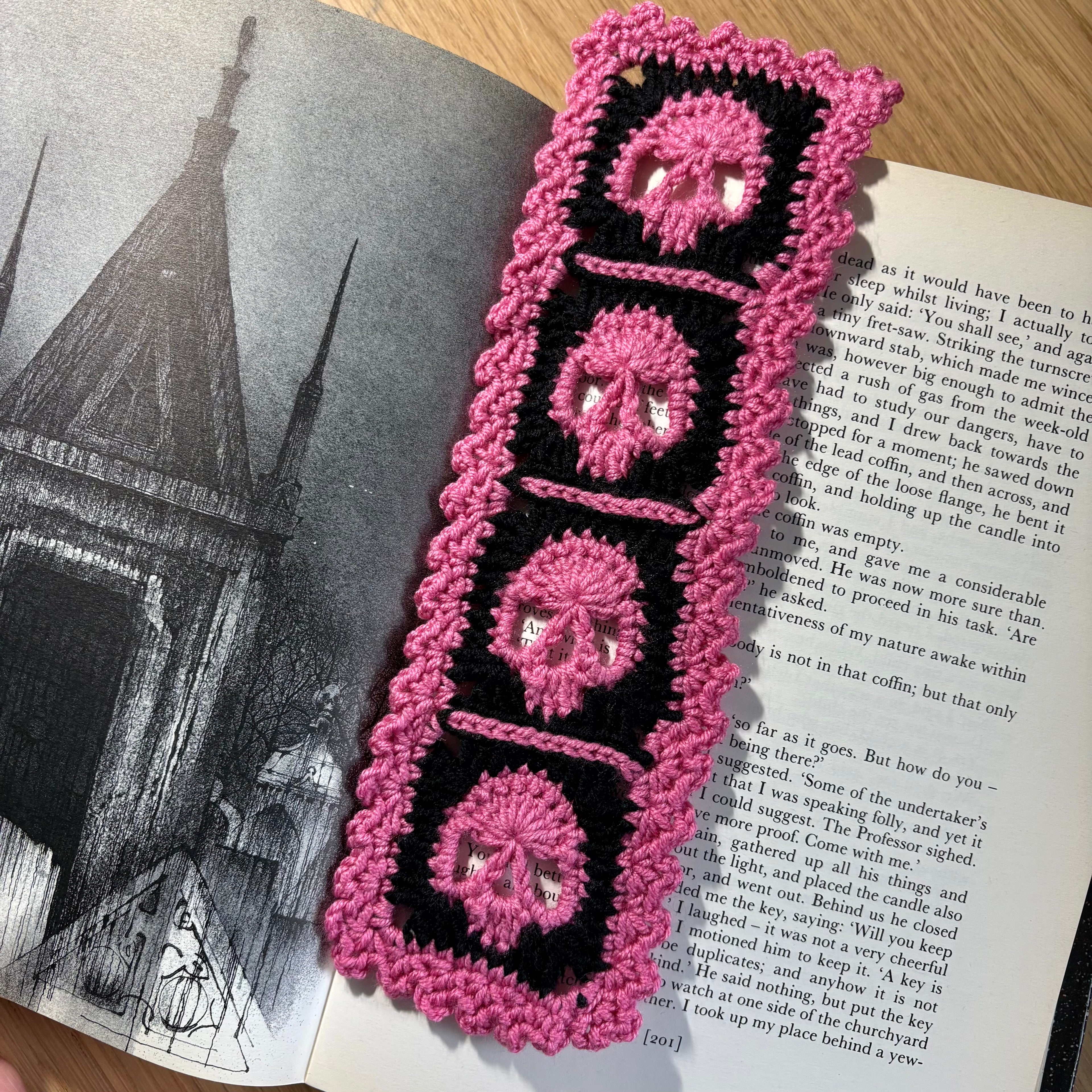 Pink and Black Skull Crocheted Bookmark