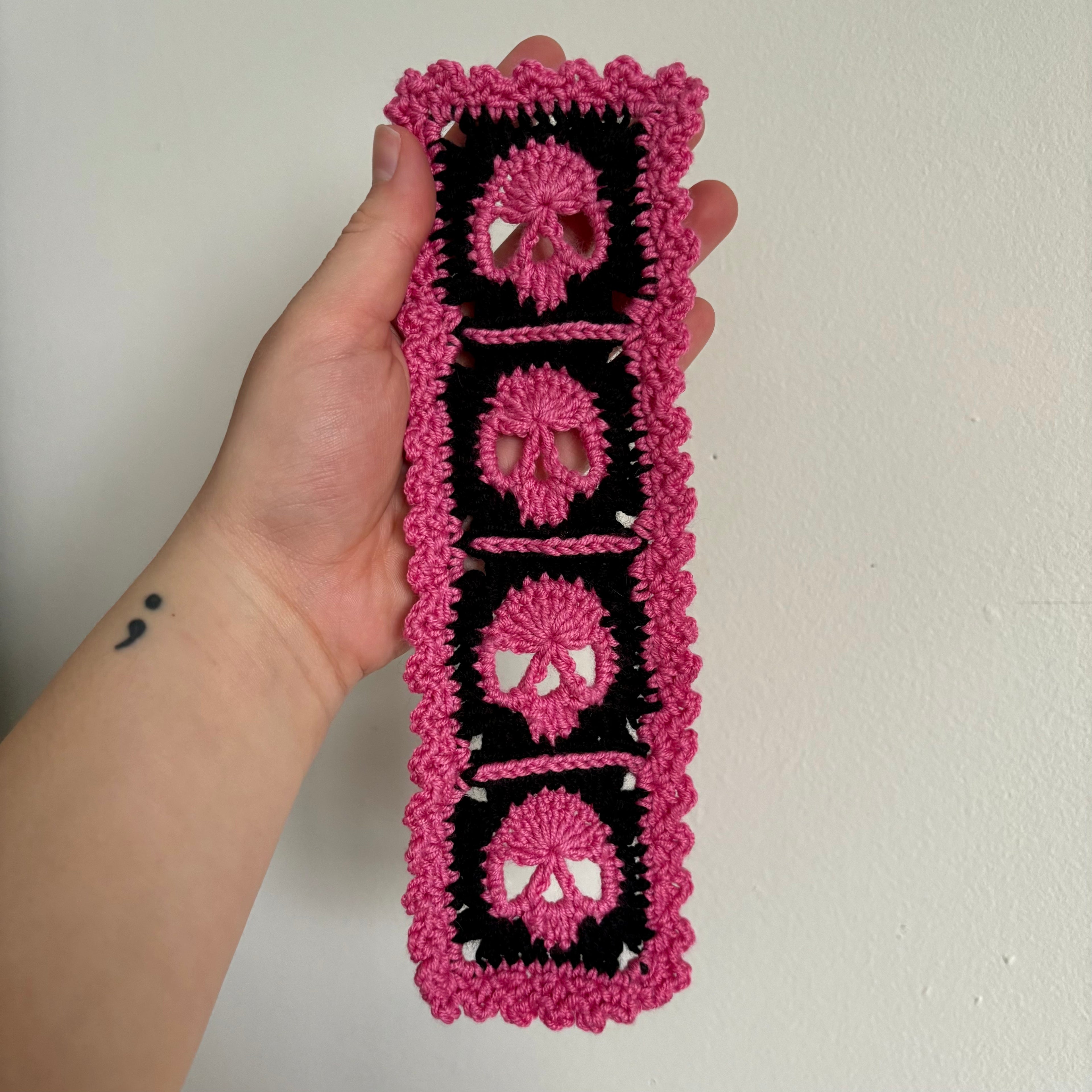 Pink and Black Skull Crocheted Bookmark